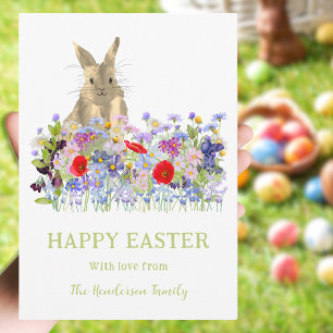 Tarjeta Festiva Conejo de Pascua personalizado acuarela de flores