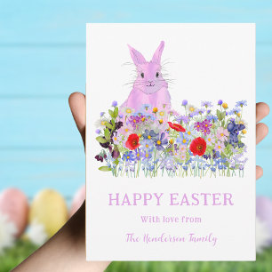 Tarjeta Festiva Conejo de Pascua Personalizado Acuarela Flor Silve