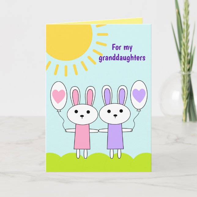 Tarjeta Festiva Conejo De Pascua Púrpura Rosa Para Mis Nietas (Anverso)