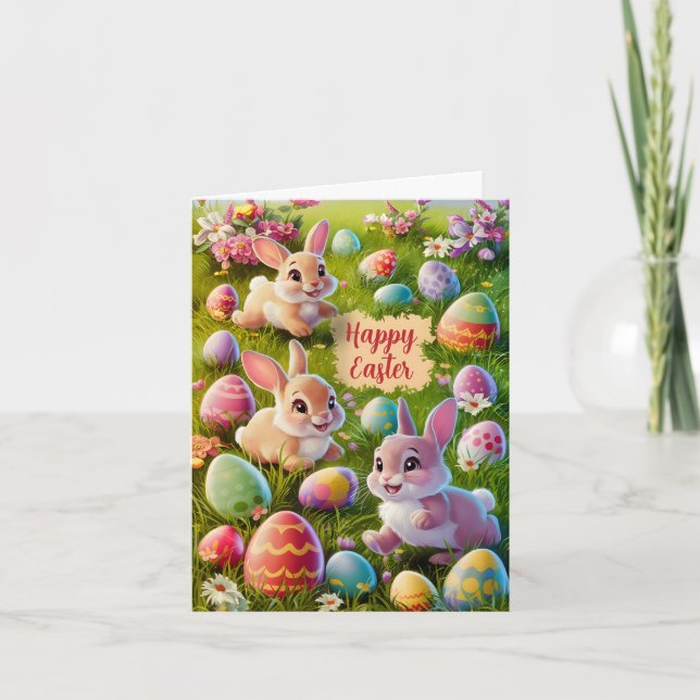Tarjeta Festiva Conejo De Pascua Sobre La Caza De Huevos (Anverso)
