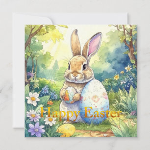 Tarjeta Festiva Conejo de Pascua sosteniendo huevo de Pascua