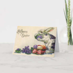 Tarjeta Festiva Conejo de Pascua vintage con huevos de Pascua en u