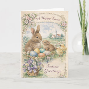 Tarjeta Festiva Conejo de Pascua Vintage y Pollitos Pastel