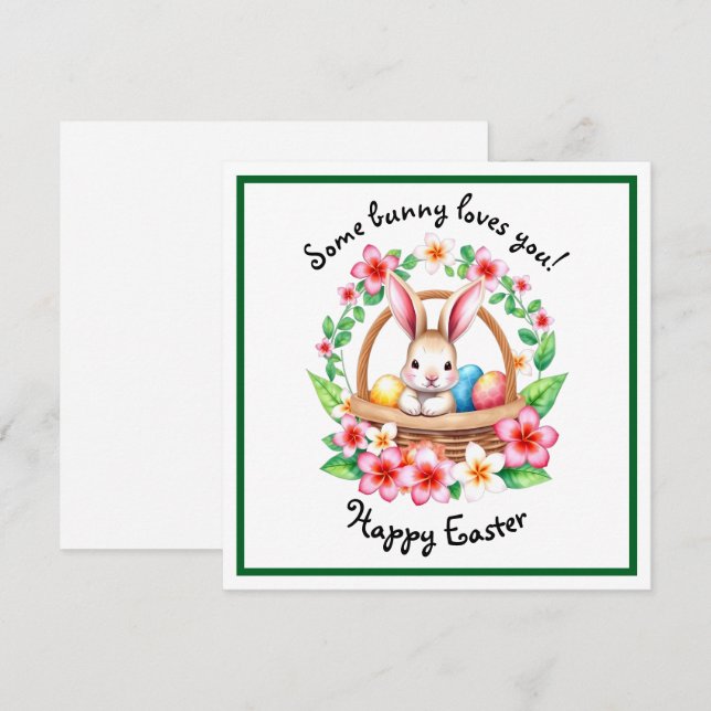 Tarjeta Festiva Conejo de Pascua y cesta de huevos (Anverso / Reverso)