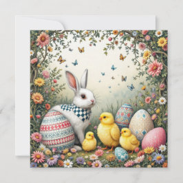 Tarjeta Festiva Conejo de Pascua y Chicas en el Jardín