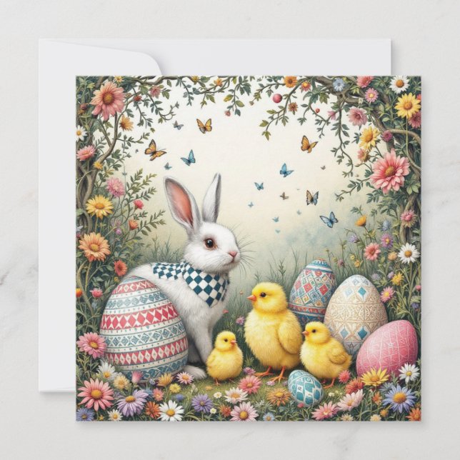 Tarjeta Festiva Conejo de Pascua y Chicas en el Jardín (Anverso)