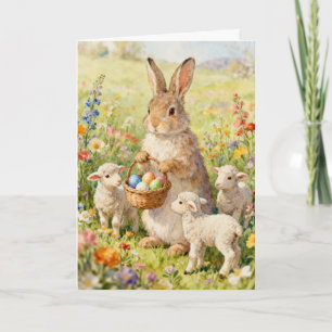 Tarjeta Festiva Conejo de Pascua y corderos de primavera