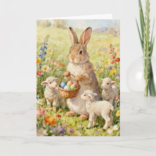 Tarjeta Festiva Conejo de Pascua y corderos de primavera (Anverso)