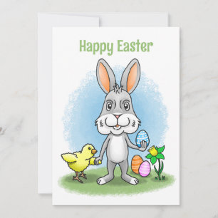 Tarjeta Festiva conejo de Pascua y el pollo lindo