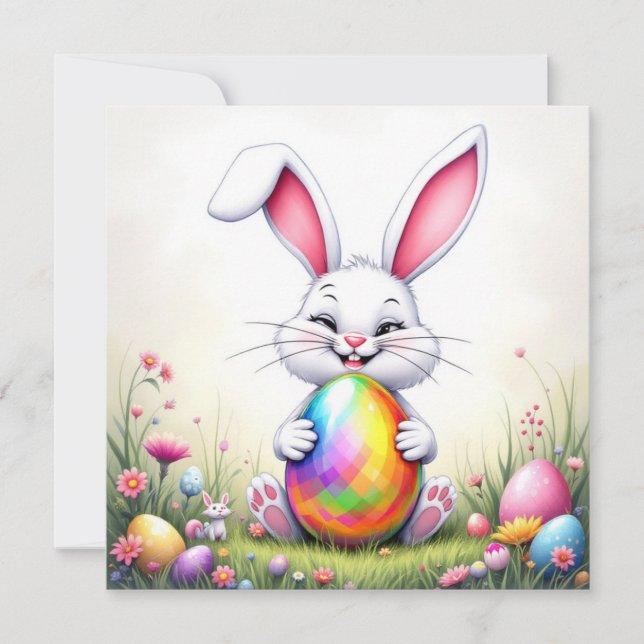 Tarjeta Festiva Conejo De Pascua Y Huevos Brillantes (Anverso)