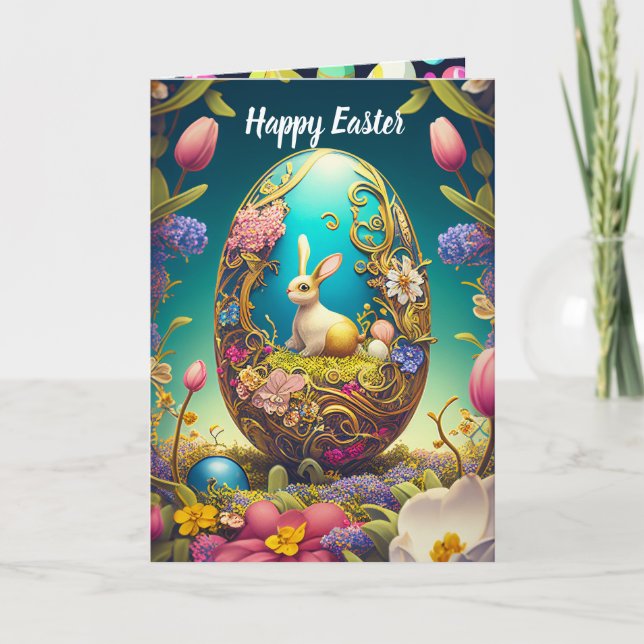Tarjeta Festiva Conejo de Pascua y huevos de colores (Anverso)