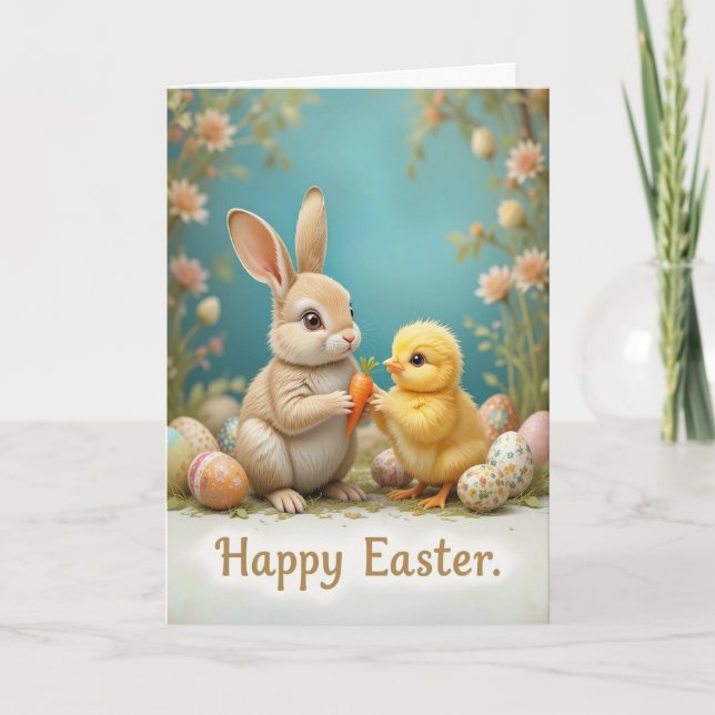 Tarjeta Festiva Conejo de Pascua y Pastel de Chick (Anverso)