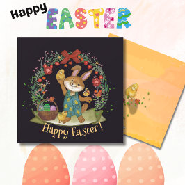 Tarjeta Festiva Conejo de Pascua y pollitos amarillo negro