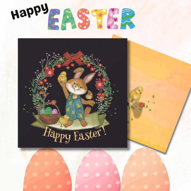 Tarjeta Festiva Conejo de Pascua y pollitos amarillo negro (Easter bunny and chicks black yellow holiday card)