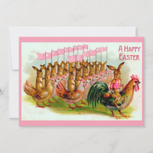 Tarjeta Festiva conejo de Pascua y pollos marchando