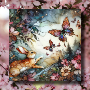 Tarjeta Festiva Conejo De Primavera Y Mariposas Pascua De Vidrio M