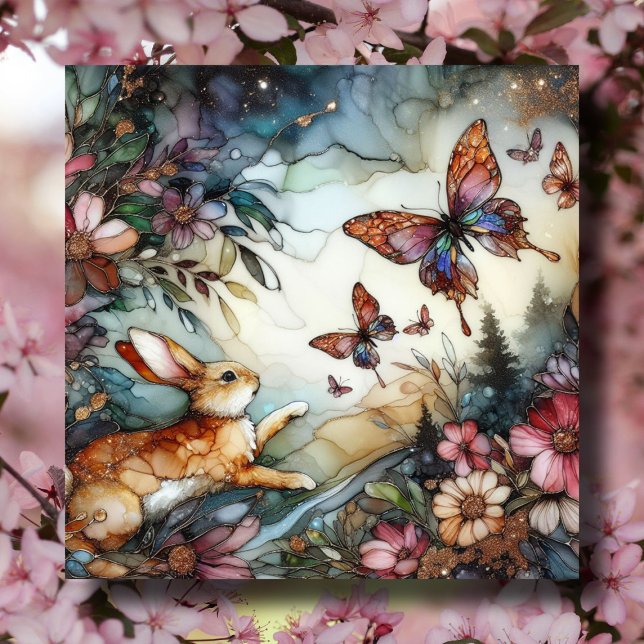 Tarjeta Festiva Conejo De Primavera Y Mariposas Pascua De Vidrio M (Subido por el creador)