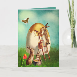 Tarjeta Festiva Conejo Divertido Vintage Y Huevo De Pascua