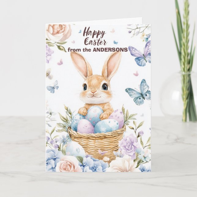 Tarjeta Festiva Conejo en la cesta con huevos de Pascua (Anverso)