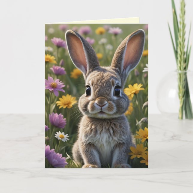 Tarjeta Festiva Conejo en un campo de flores de primavera (Anverso)