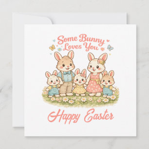 Tarjeta Festiva Conejo Familiar Acuarela Caprichosa Feliz Pascua