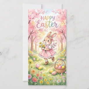 Tarjeta Festiva Conejo feliz de Pascua en una pradera primaveral 