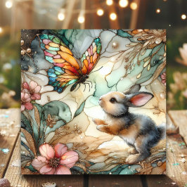 Tarjeta Festiva Conejo Floral de Vidrio Pintado Pascua Cristiana