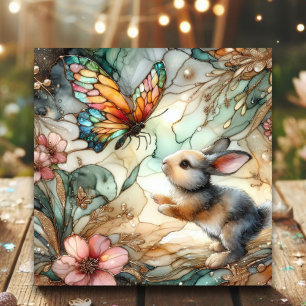 Tarjeta Festiva Conejo Floral de Vidrio Pintado Pascua Cristiana
