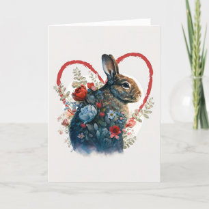 Tarjeta Festiva Conejo lindo con flores rojas para El día de San V