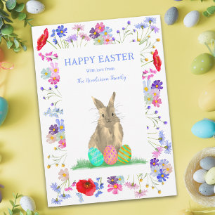 Tarjeta Festiva Conejo Lindo Feliz Pascua Personalizado Flores Sil