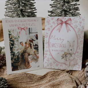 Tarjeta Festiva Conejo Lindo Lazo Rosa Fantasía Navidades Alegres