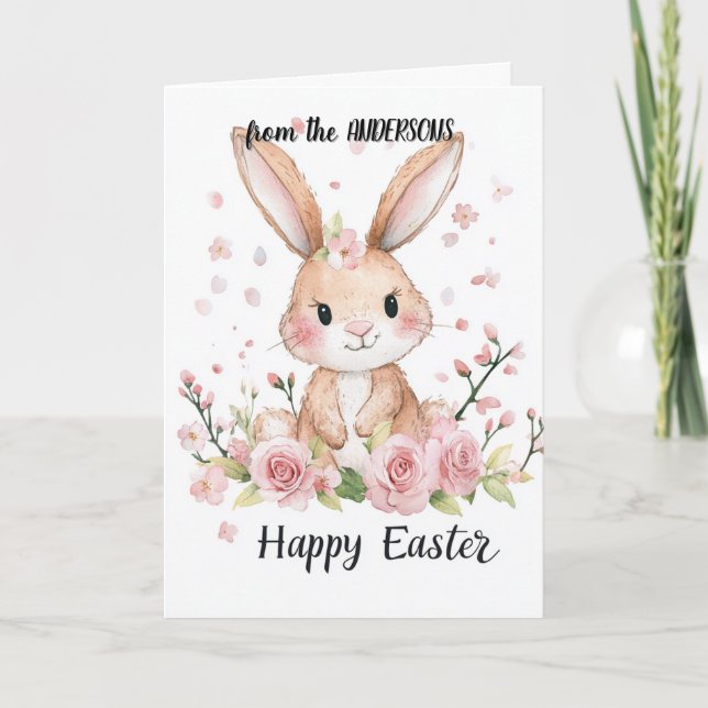 Tarjeta Festiva Conejo lindo y flores de cerezo (Anverso)