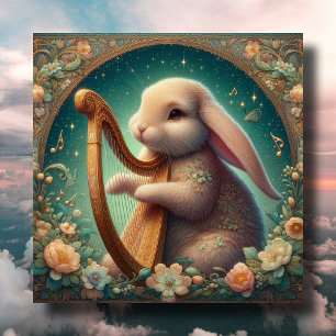 Tarjeta Festiva Conejo músico Art Nouveau arpa Pascua
