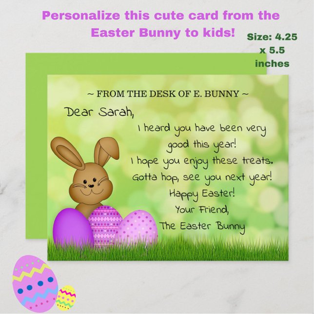 Tarjeta Festiva Conejo personalizado de Pascua para niños malhumor (Add magic to a child's Easter with this cute personalized "From the Easter Bunny" card!)