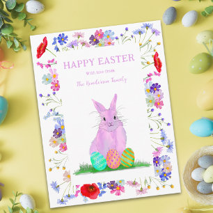 Tarjeta Festiva Conejo Rosa Floral de Primavera Personalizado Feli