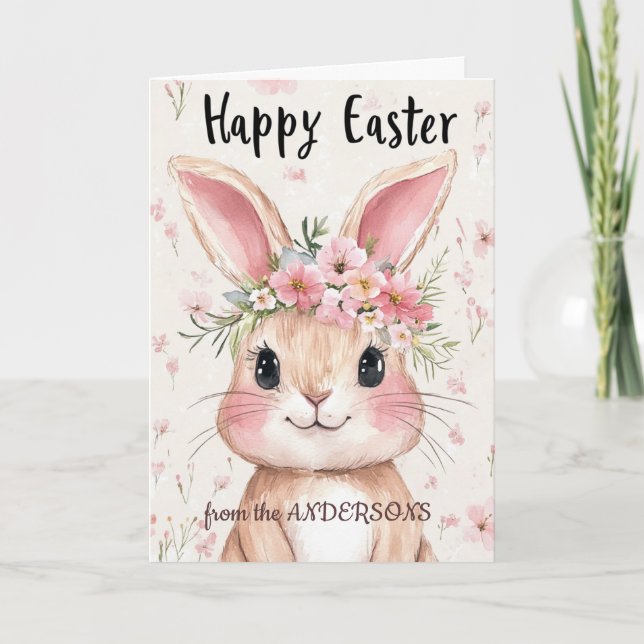 Tarjeta Festiva conejo rosa y floral (Anverso)