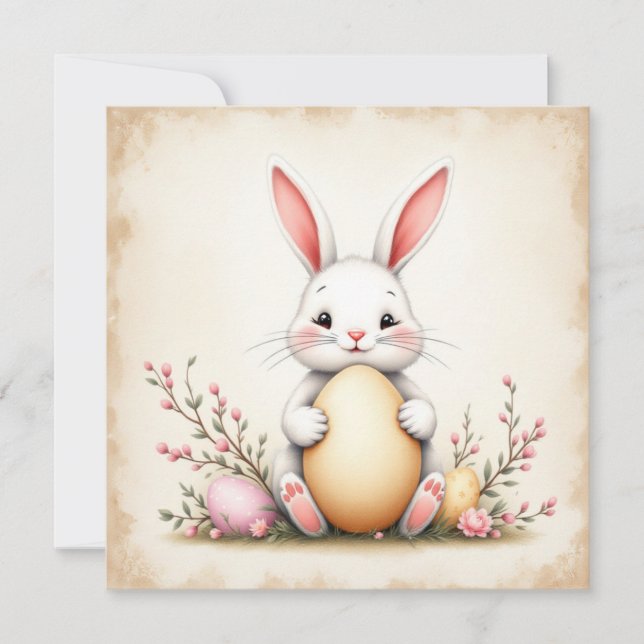 Tarjeta Festiva Conejo rústico de pascua y huevos (Anverso)