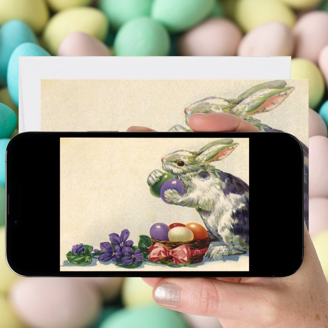 Tarjeta Festiva Conejo victoriano de Pascua, flores y huevos (Subido por el creador)