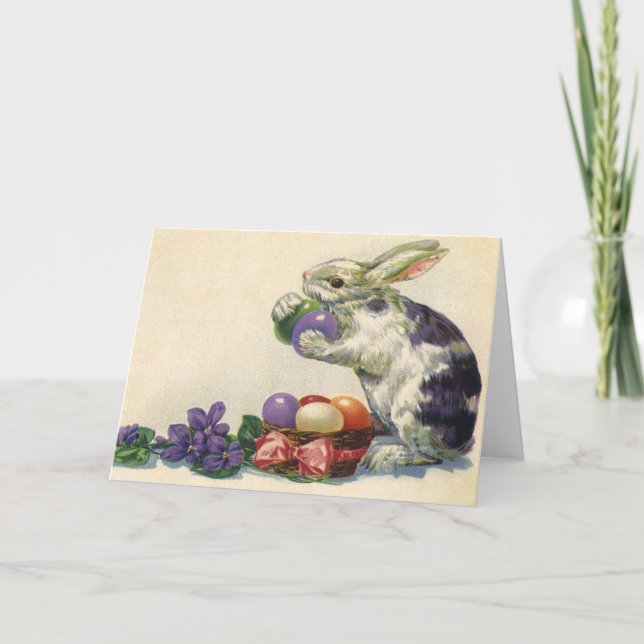 Tarjeta Festiva Conejo victoriano de Pascua, flores y huevos (Anverso)
