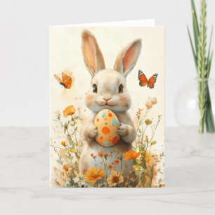 Tarjeta Festiva Conejo vintage de Pascua con huevo pintado y flor 