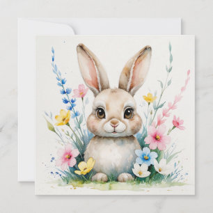 Tarjeta Festiva Conejo y flores en acuarela lindos