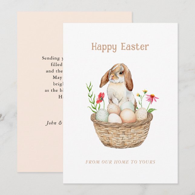 Tarjeta Festiva Conejo y huevos Felices Saludos de Pascua (Anverso / Reverso)