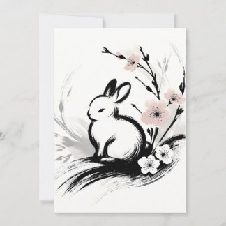 Tarjeta Festiva Conejo Zen Minimalista de Primavera Flor de Cerezo
