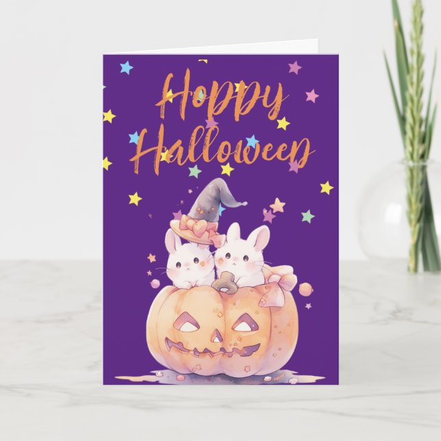 Tarjeta Festiva Conejos Bebés en Saludo de Halloween de Calabaza (Anverso)
