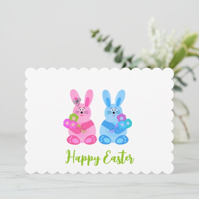 Tarjeta Festiva Conejos con flores (Anverso de pie)