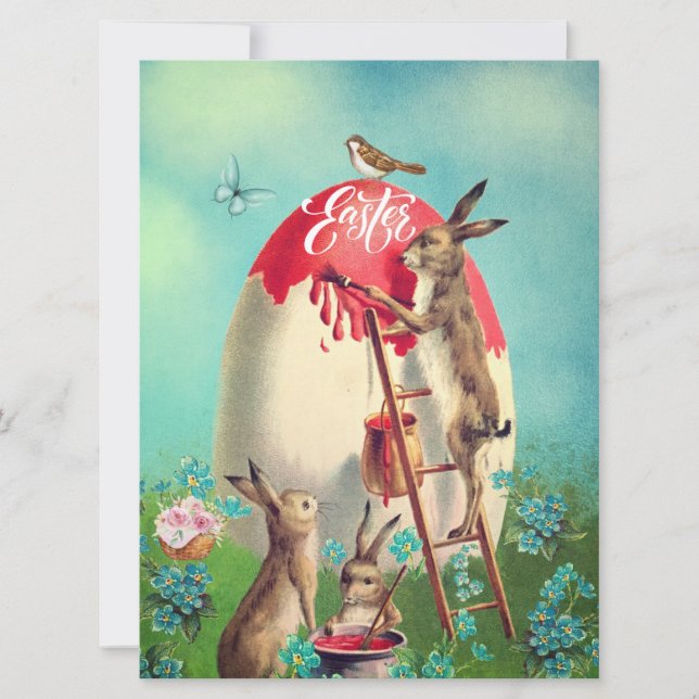 Tarjeta Festiva Conejos de Pascua antiguos y un huevo gigante (Anverso)