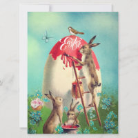 Conejos de Pascua antiguos y un huevo gigante