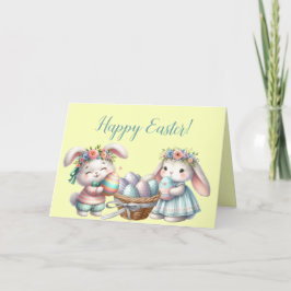 Tarjeta Festiva Conejos de Pascua de Niño y Niña con Huevos