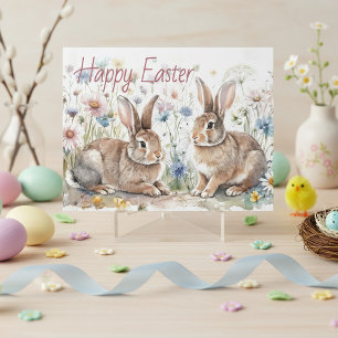 Tarjeta Festiva Conejos de Pascua personalizados y acuarela floral