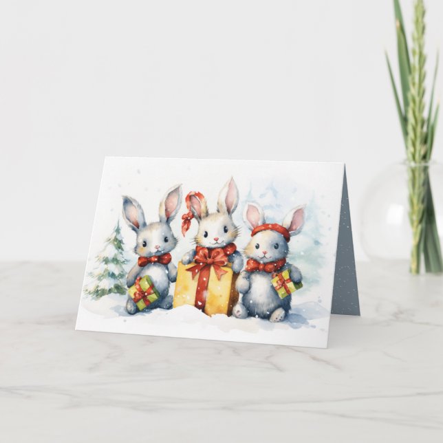 Tarjeta Festiva Conejos navidades con regalos (Anverso)